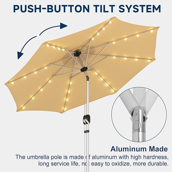 9FT Aluminum Patio Umbrella with 40-LED Solar Lighted, Fade-Resistant Outdoor Market Table Umbrella with Push Button Tilt Function, 8 Sturdy All-Aluminum Ribs for Gardens, Decks, Backyards & Pools