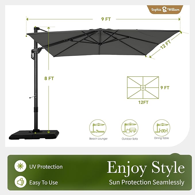 Sophia & William Cantilever Patio Umbrella 9x12ft, Large Outdoor Umbrellas with Crank Handle, 6-Level Tilt and 360° Rotation, Windproof Crashproof Design for Pool Garden Backyard with Base (Grey)