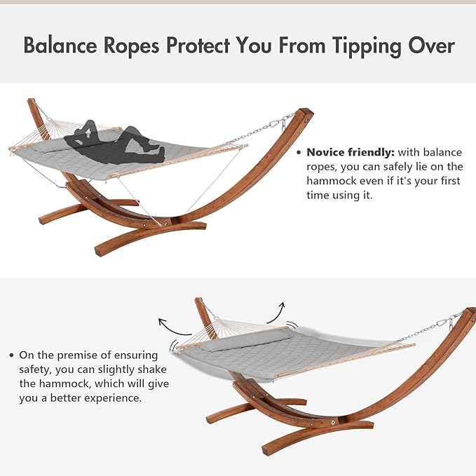 ANOW 13.5FT Curved Wood Stand with Double Hammock, Heavy Duty Larch Wood Arc Stand with 2 Chains, 4 Balance Ropes and 4 Carabiners, Includes Light Gray Hammock with Spreader Bars