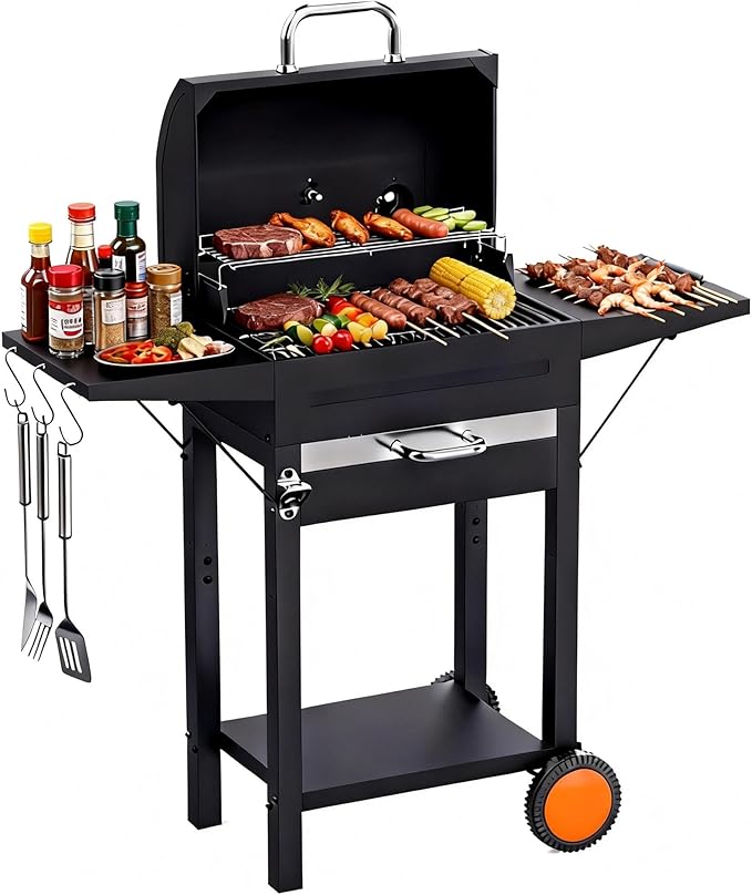 Charcoal Grills with Two Side Tables, 20-In Outdoor Smoker Barrel BBQ Grill with 334 Sq. In Cooking Area for Camping, Patio,Backyard Party, Picnic, Black