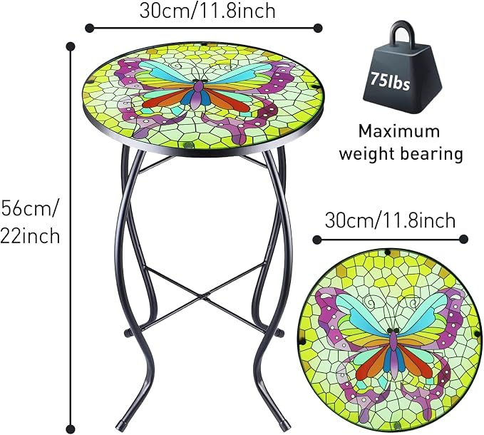 Arbuxzuy 12 Inch Small Outdoor Side Table with Colorful Butterfly, Glass Mosaic Patio Table Indoor, Round Plant Coffee Table for Living Room, Balcony, Garden