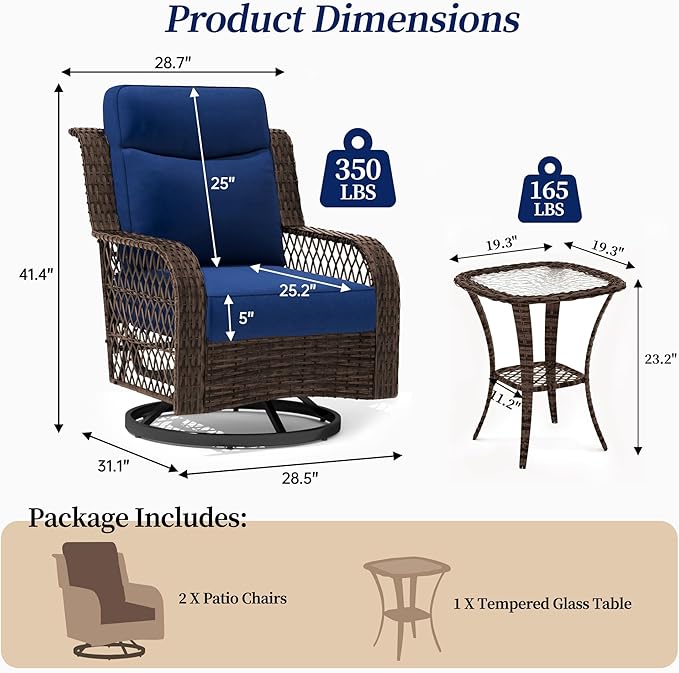 PIZZELLO Outdoor Swivel Chairs 3 Piece Wicker Rocking Chairs Set Patio Furniture Set with Rattan Side Table Rocker Bistro Sets for Outside Porch Backyard (5" Thick Cushions and 25" Full Support Back)