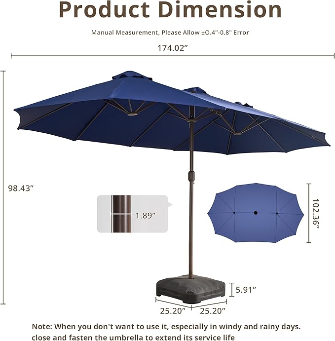 15Ft Patio Umbrella - Large Beach Umbrella W 12 Sturdy Ribs,UPF50 Outdoor Table Umbrella,Picnic Market Umbrella W Base Crank Handle for Pool,Yard,Garden