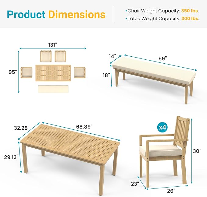 FansaFurn 6 Pieces Acacia Outdoor Patio Table and Chairs Set for All-Weather, Outside Furniture with Table Umbrella Hole and Removable Cushion for 6, Outdoor Patio Furniture Set for Garden, Brown