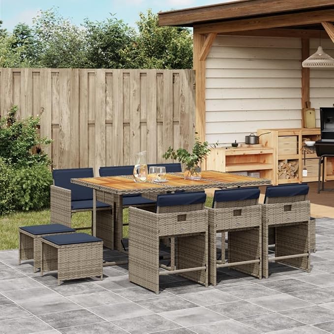11 Piece Garden Dining Set with Cushions Grey Poly Rattan Outdoor Patio Furniture Table Chairs Stools Folding Backrest Design Acacia Wood Top Navy Blue