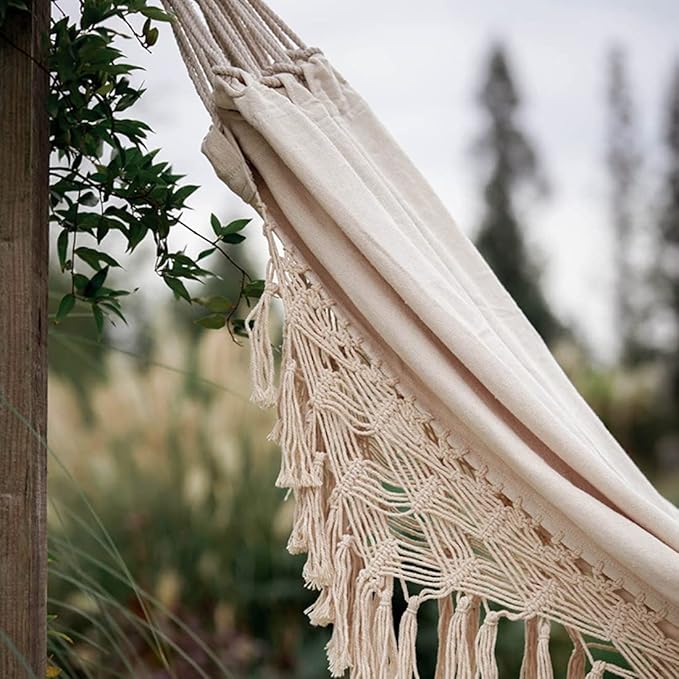 Outdoor Hammock Garden Cotton Hammock Macrame Fringe Hammocks Boho Balcony Hammocks with Handmade Tassels 2 Person Double Hamock 480lbs for Home,Backyard,Beach,Patio