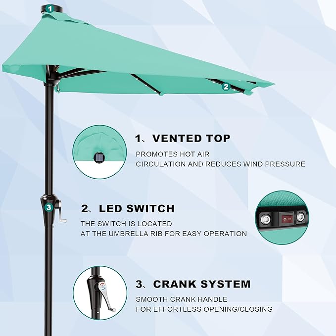 AreShark 9ft Patio Half Umbrellas with Solar Lights, 1/2 LED Half Outdoor Umbrella w/ 20 LED Lights, Lighted Table Wall Umbrella with Crank & 5 Sturdy Ribs for Market, Pool, Deck, Lawn and Garden, Teal Blue