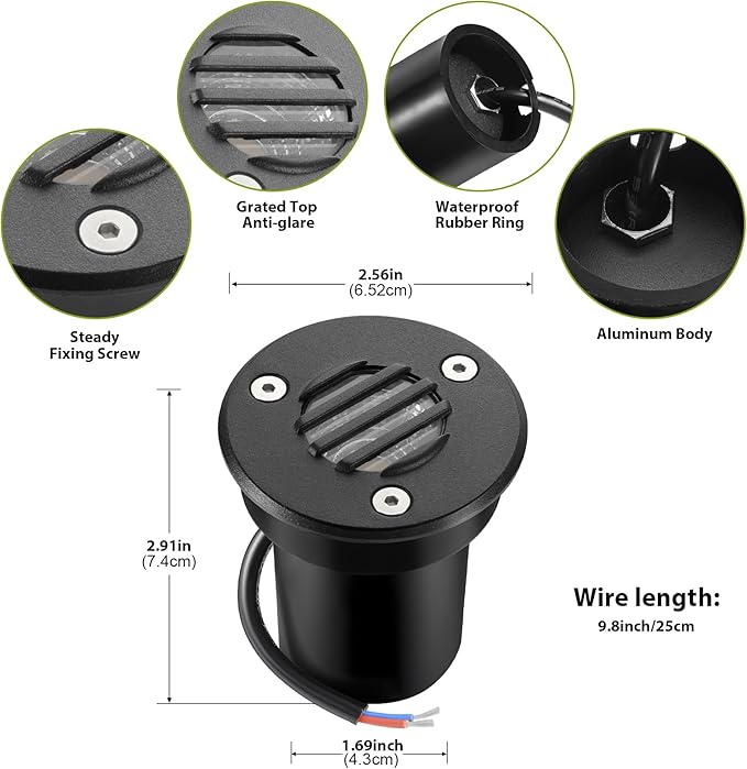 Junview Low Voltage Landscape Lights with Connectors Grated Top Anti-Glare LED Well Lights 12V-24V Waterproof Outdoor In-Ground Light 3000K Landscape Lighting for Garden Yard Deck Pathway (10)