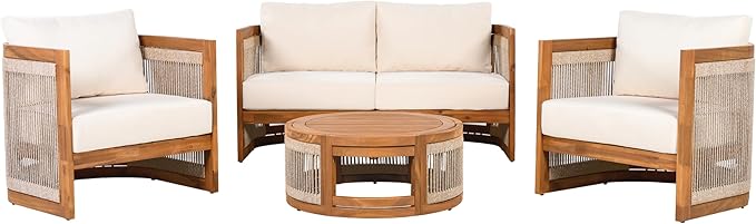 Acacia Wood Outdoor Furniture Set, 4-Piece Patio Seating Group with 2 Chairs, Loveseat & Coffee Table, Curved Tub Design with Woven Rope Accents, Water-Resistant Cushions (Beige,Teak//51)