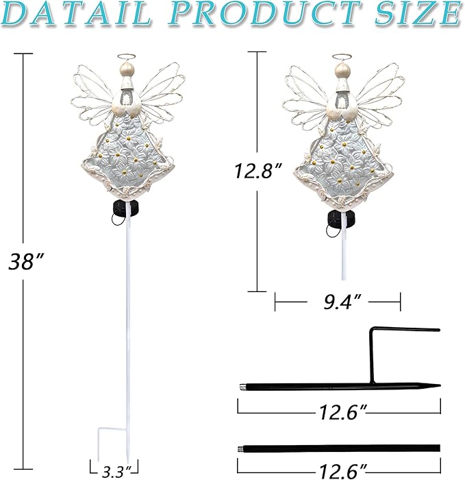 COOZZYHOUR 38Inch Angel Solar Lights Outdoor Decorative-Metal&Glass Angel Hydrangea Flower Garden Stake Lawn Light- Waterproof 30 Warm White LED for Remembrance Gifts & Grave Decorations (White)