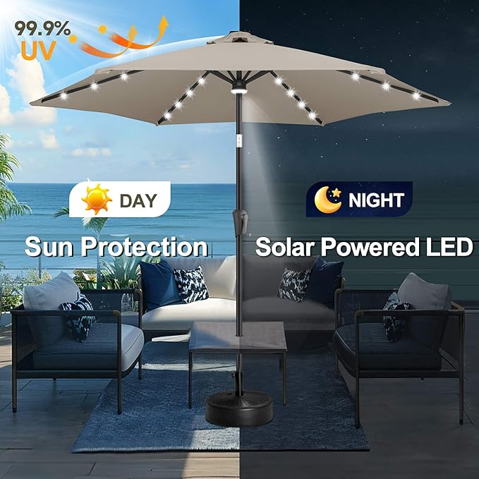 FLAME&SHADE 10ft Solar Outdoor Umbrella - 24 LED Lighted Patio Umbrella with Centre Surround Light, Table Umbrellas with Tilt & Crank for Pool, Porch, Garden, Deck, Backyard UV Protection (Taupe)