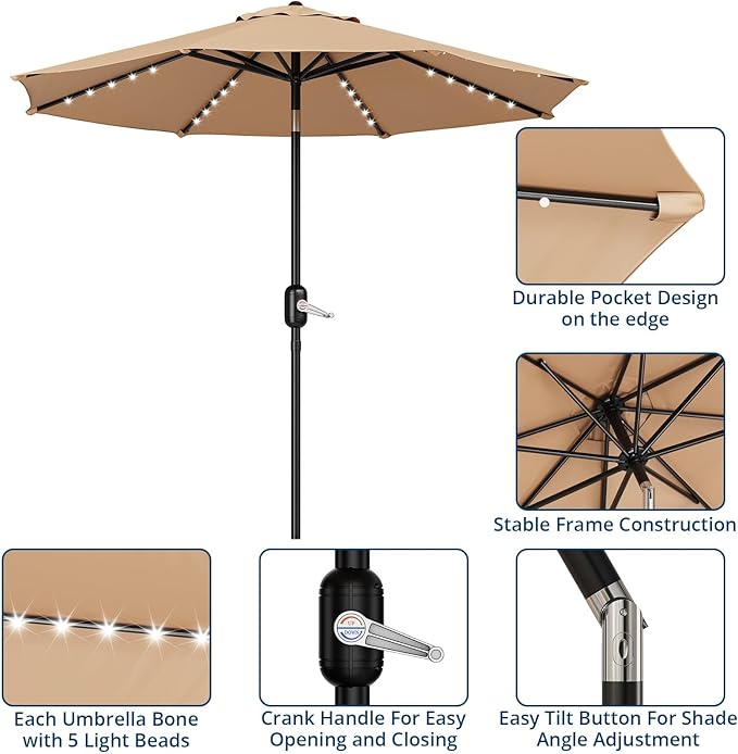 10FT Patio Umbrella with Solar Lights, Outdoor Table Umbrella with Tilt & Crank, 8 Ribs Waterproof UV Protected for Pool, Deck, Backyard, Tan