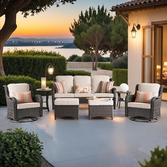 ovios 6-Pieces Patio Furniture Set with Swivel Chairs, Outdoor Wicker Sofa Couch Gliders Rocker Comfy Cushions, High Back Modern Conversation Set, Brown Rattan, Beige