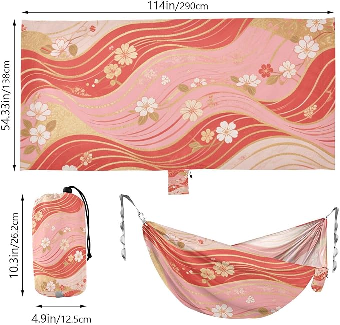 Red and Gold Retro Japanese Cherry Blossoms 330lb Capacity Outdoor Hammocks with Tree Straps Cloth Hammock for Patio Backyard Lounge Base accesorios para Camping
