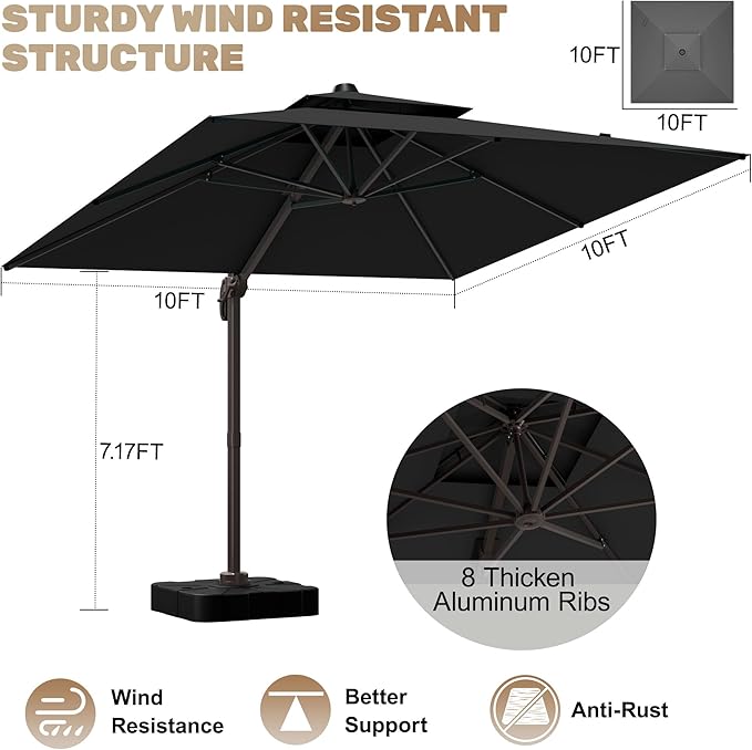 10x10Ft Patio Umbrella Outdoor Cantilever Rectangle Umbrella with Base Included, 6-Level Tilt & 360° Rotation Offset Umbrella for Garden, Deck, Pool(Black)