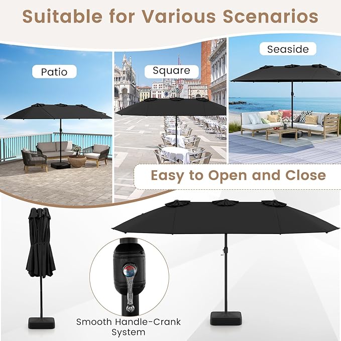 Tangkula 15FT Double-Sided Patio Umbrella with Base, Extra-Large Market Umbrella W/Crank System, Outdoor Twin Umbrella W/ 12-Rib Metal Structure & Air Vents for Garden, Backyard, Poolside