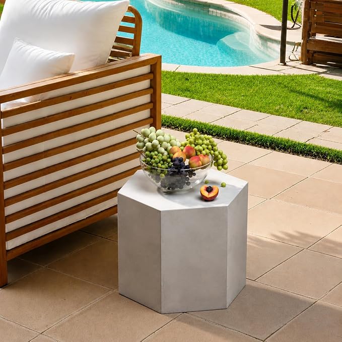 SUNBURY Outdoor Concrete Side Table, Outdoor End Tables for Patio 12" H Heavy Duty Outdoors Accent Table, Decorative Garden Stool for Indoor Outdoors, Light Grey