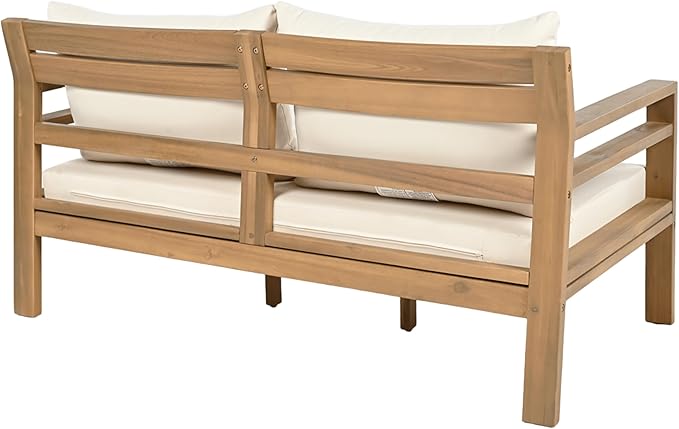 Christopher Knight Home Jamaia 2 Pieces Acacia Furniture Set, Patio Conversation Chat 2-Seat Sofa Set with Coffee Table, Outdoor Acacia Loveseat Set for Garden Porch Backyard Balcony, Light Teak+Beige