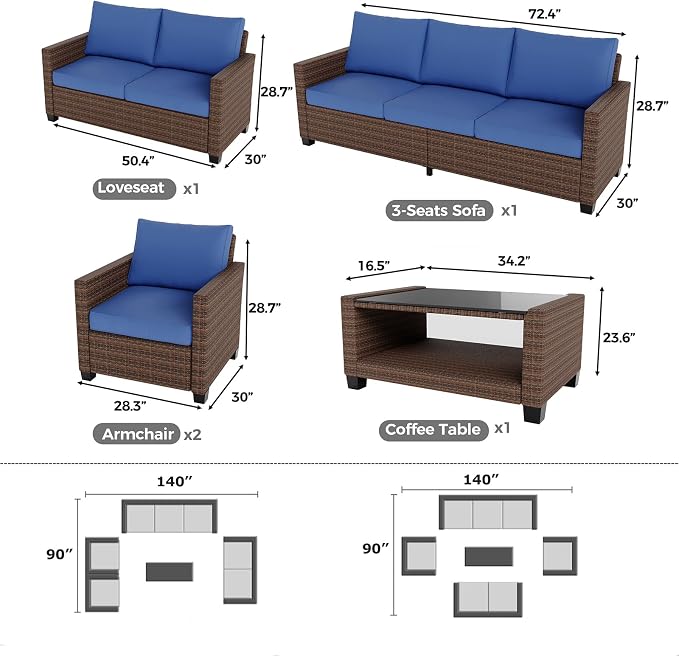 GarveeLife 5 Pieces Patio Furniture Set, 7-Seater Rattan Wicker Patio Conversation Sets with Coffee Table, Outdoor Sectional Patio Sofa Set, Brown Rattan and Blue Cushions