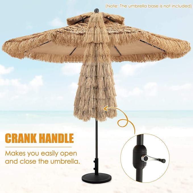 Tangkula 9 ft Thatched Patio Umbrella, 2 Tier Hawaiian Style PE Grass Beach Umbrella with 8 Ribs, Tilt Adjustment, Manual Crank, Tiki Umbrella for Backyard, Poolside, Deck