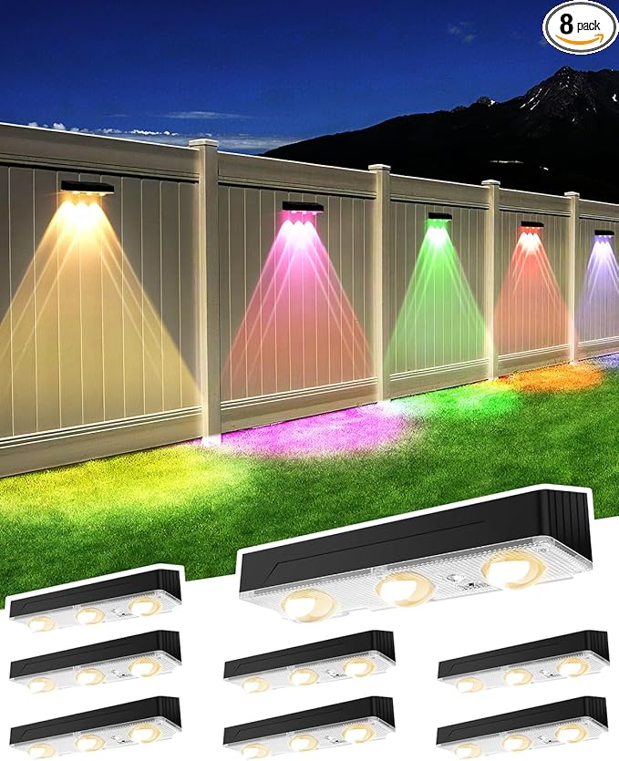 Solar Fence Lights Outdoor, 2025 Upgraded Solar Fence Lights Have 3 x 70 Lumen Reflector Lenses and 12 RGB Patterns, IP65 Waterproof Auto On/Off for Backyard, Deck, Steps, Fence (8 Pack)