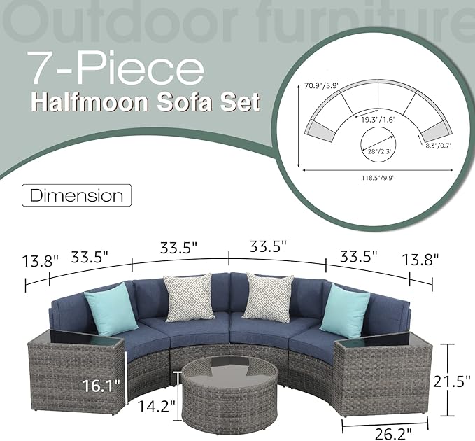 SUNSITT Outdoor 7-Piece Half-Moon Sectional Furniture Set with Round Coffee Table, Patio Curved Sofa Set, Denim Blue Cushion and Grey Wicker, Incl. Waterproof Cover