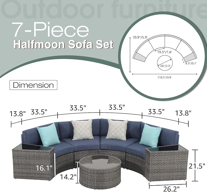 SUNSITT Outdoor Patio Furniture Sectional 7-Piece Half-Moon Curved Outdoor Sofa Set with Round Coffee Table, 4 Pillows & Waterproof Cover, Grey Rattan & Denim Blue Cushion