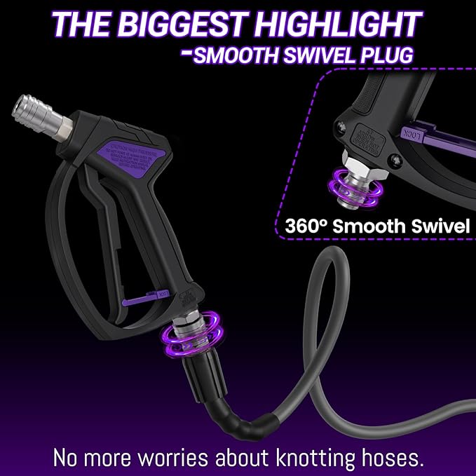 Short Pressure Washer Gun, Swivel Power Washer Gun 4060 PSI, Stubby Pressure Washer Gun with 3/8" Smooth & 1/4" Quick Connector Coupler Compatible with Hose Foam Cannon Car Wash Foam Gun（Black purple）