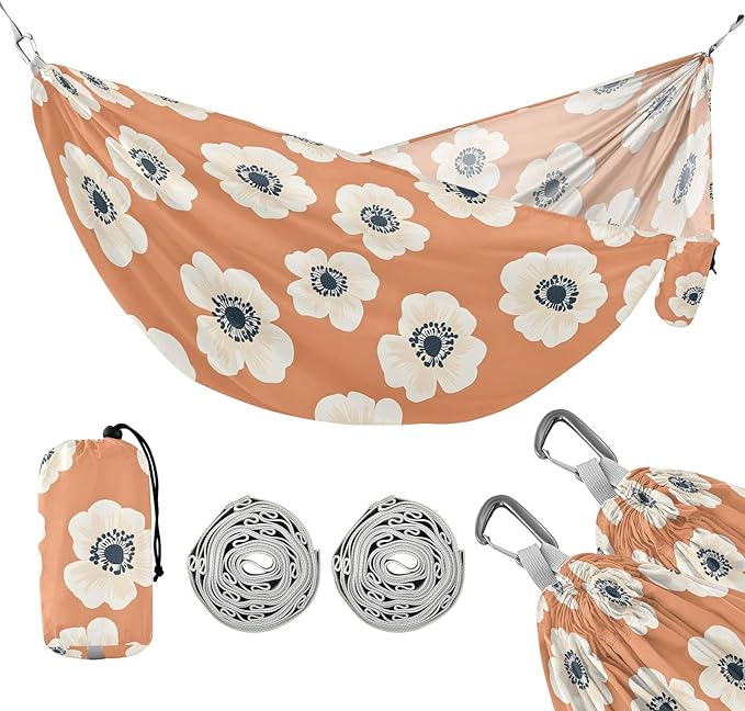 Camping Hammock Outdoor Hammocks for Outside Anemone Flowers Orange Beach Trees Portable Lightweight with Pockets Tree Straps Indoor Small