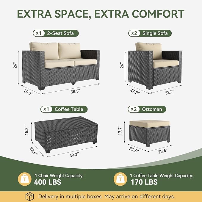 Aoxun 7 Piece Outdoor Patio Furniture Set 6 Seats, Outdoor Sectional with Thick Waterproof Cushions & Storage Coffee Table, Patio Conversation Sets for Garden,Backyard, Porch, Balcony, Deck, Beige