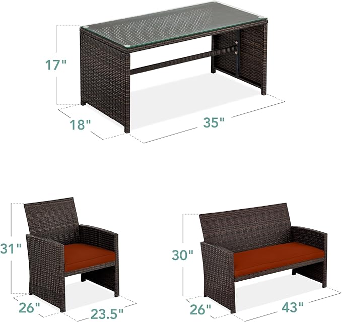 Best Choice Products 4-Piece Outdoor Wicker Patio Conversation Furniture Set for Backyard w/Coffee Table, Seat Cushions - Brown/Dark Rust
