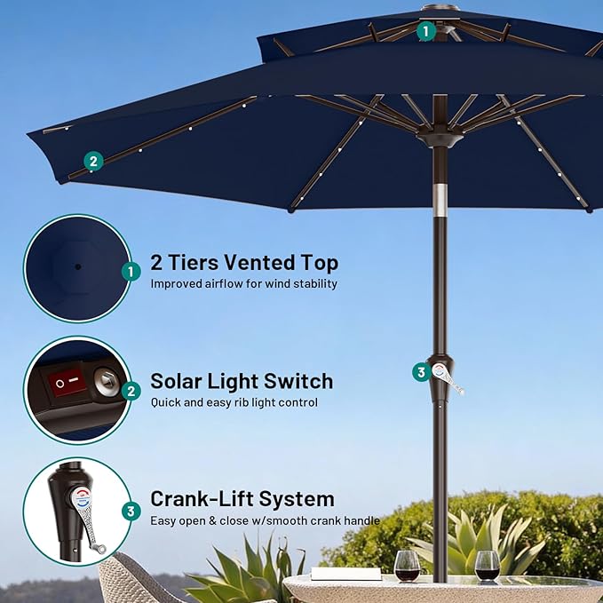AreShark 9ft 2 Tiers Patio Umbrella with Solar Lights, Outdoor Umbrella w/ 32 LED Lights&8 Sturdy Ribs, Table Umbrella for Deck, Backyard, Pool(Navy)