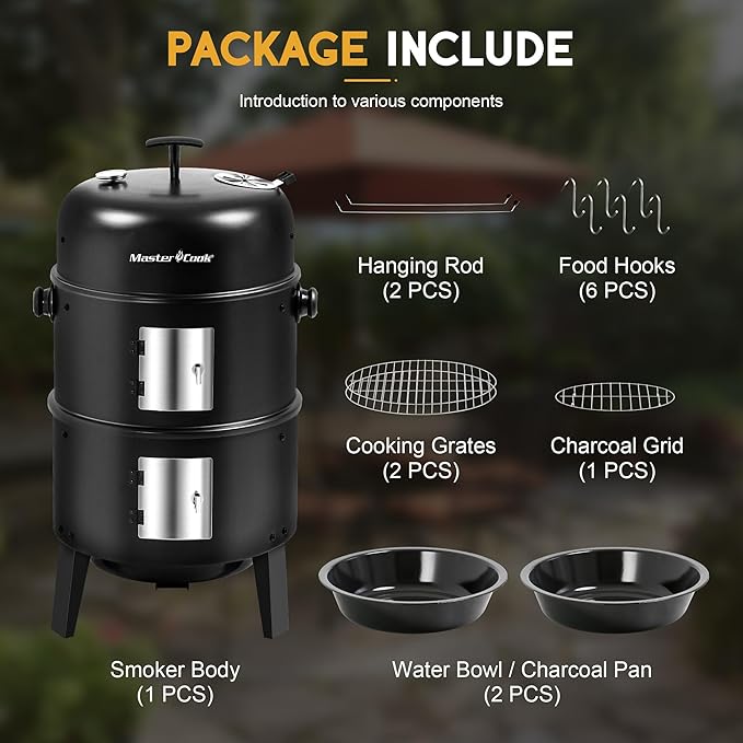 MASTER COOK 16 inch Charcoal Smoker, Vertical BBQ Grill, Heavy Duty 4 In 1 Fire Pit with built-in Thermometer & Adjustable Vent System for Backyard Patio Camping