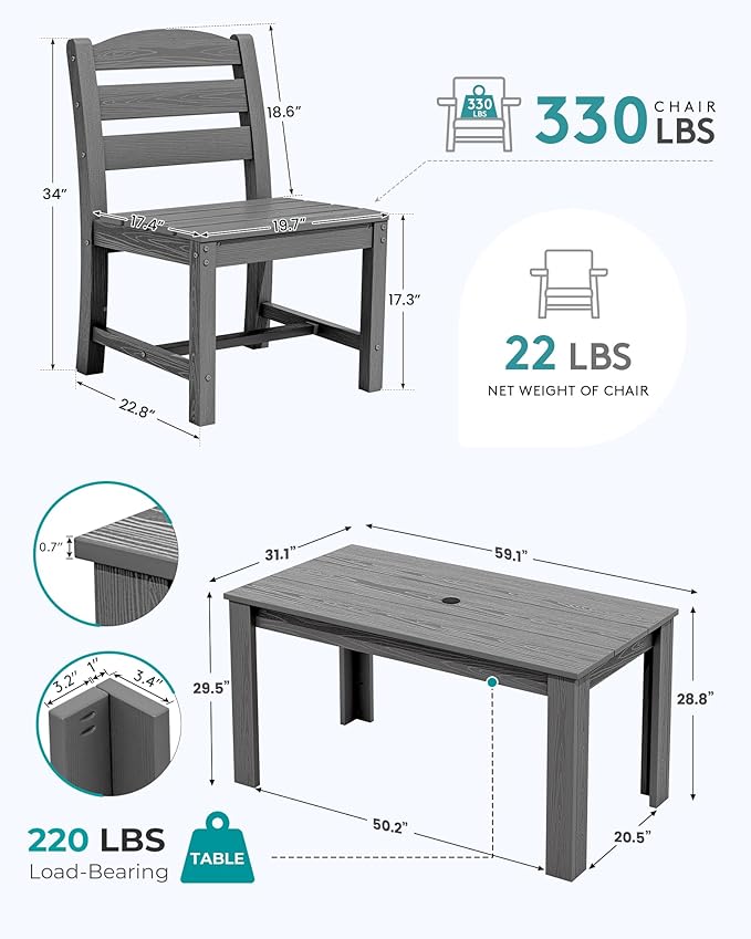 SERWALL Outdoor Dining Sets for 4, HDPE Dining Sets for 4 Person with 1 Umbrella Hole Cut-Out Rectangular Table and 4 Armless Chairs, Patio Dining Sets for Garden, Backyard, Poolside, Gray