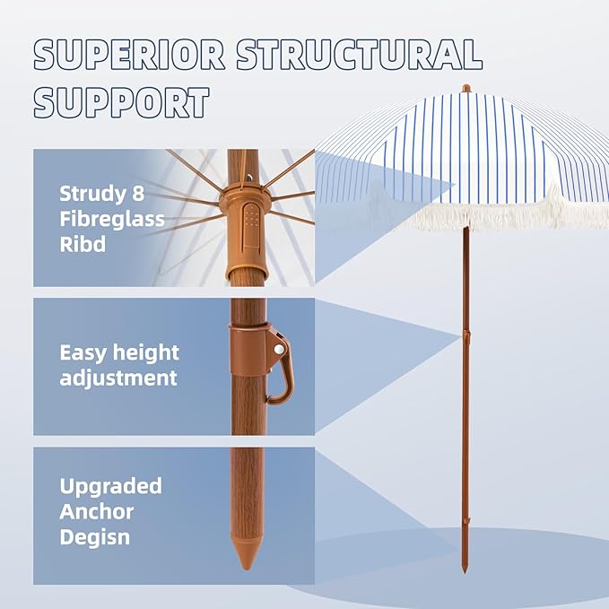 Aoxun 7ft Patio Umbrella with Fringe,Outdoor Beach Umbrella with Aluminum Pole, Ribs Push Button Tilt and Carry Bag, UV 50+ Picnic Tassel Umbrella (Blue&White)
