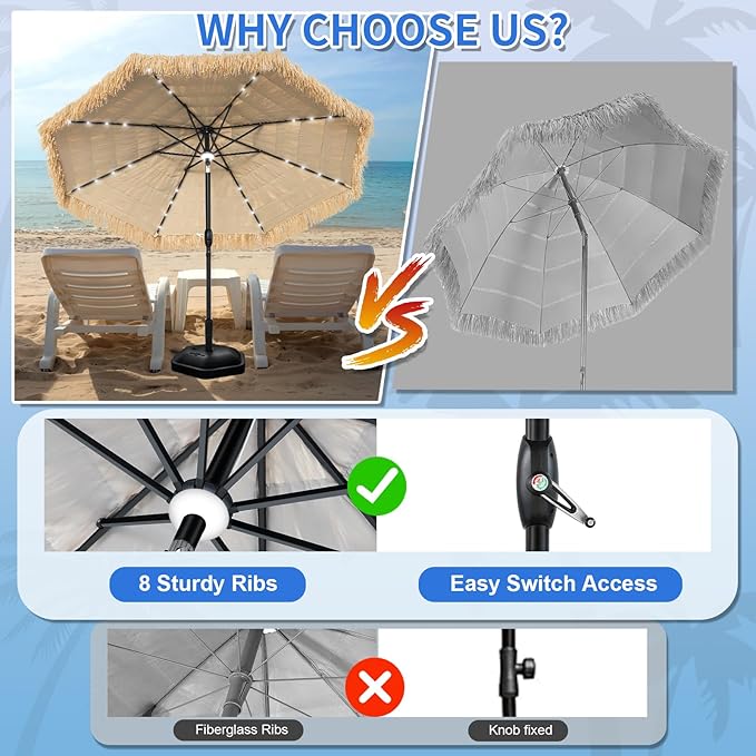 9 ft Tiki Umbrella with 32 LED Lights, Outdoor Patio Umbrella with Solar Lights, Tropical Vibes Thatched Umbrellas with 8 Ribs, Tilt Adjustment, Manual Crank, UPF 50+ for Pool, Beach, Backyard,Garden