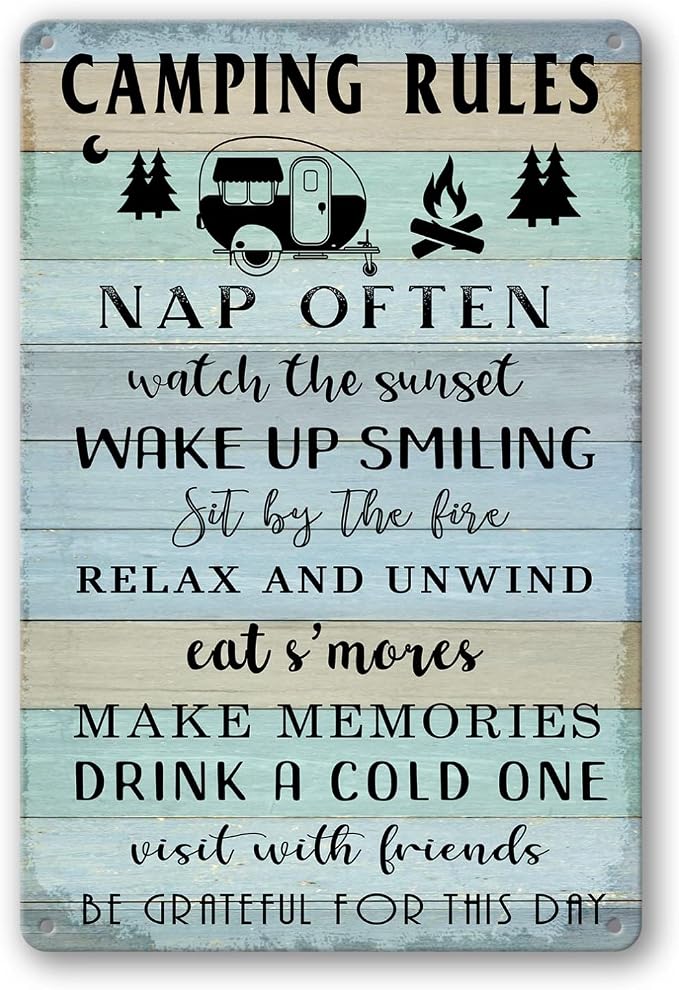 Camping Decor For Camper Camping Rules Sign Metal Tin Signs Lake Camper Door Decorations For Inside Funny Camping Themed Decor Rv Wall Art Decor Cabin Sign 12 X 8 Inch