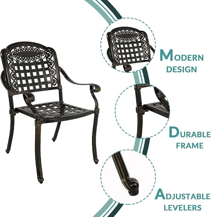 MEETWARM 3 Piece Outdoor Patio Bistro Set, All-Weather Cast Aluminum Dining Furniture Set Includes 2 Chairs and a 35.4” Round Table with Umbrella Hole for Garden Deck
