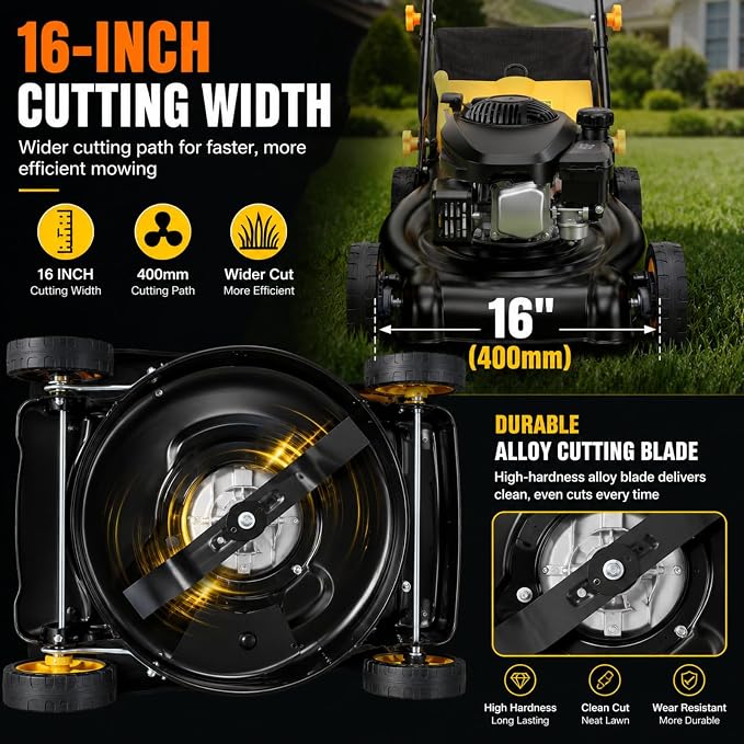 16-Inch Gas Lawn Mower, Push Walk-Behind Lawn Mower with 132cc 4-Stroke Air-Cooled Engine, 8-Position Height Adjustment, 45L Grass Bag, Black Yellow (MAX)