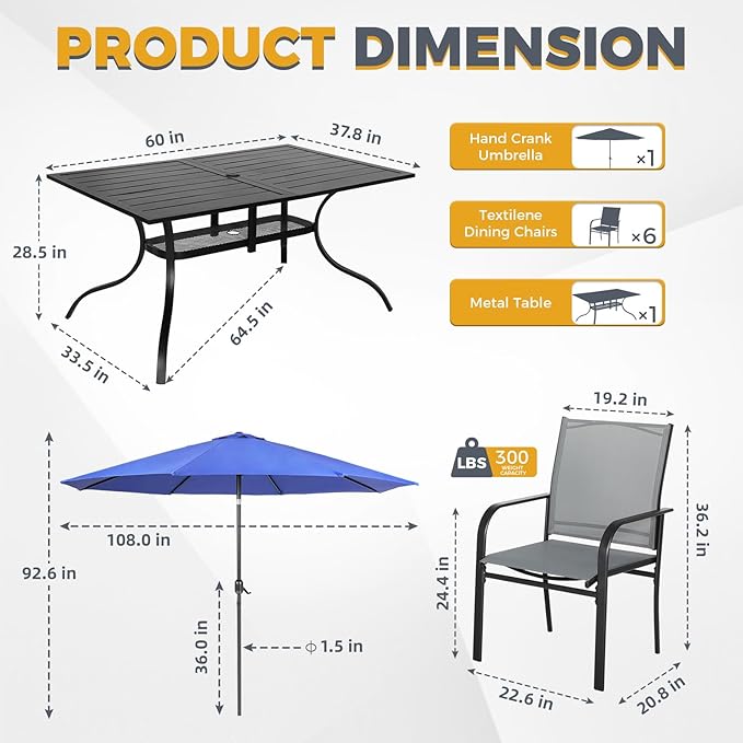 Incbruce 8 Pieces Patio Dining Set with Dark Blue Umbrella, Outdoor Dining Set of 6 Textilene Chairs and Rectangle Table with Umbrella Hole for Backyard, Garden, and Poolside (Grey)