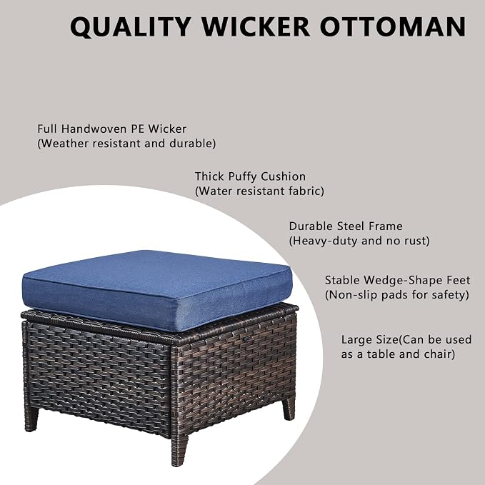 Rilyson Wicker Patio Furniture Sofa Set - 7 Piece Rattan Outdoor Patio Sectional Conversation Sets with 2 Sofa,2 Armrest Chairs,1 Coffee Table and 2 Ottomans for Porch Deck Garden(Brown/Blue)