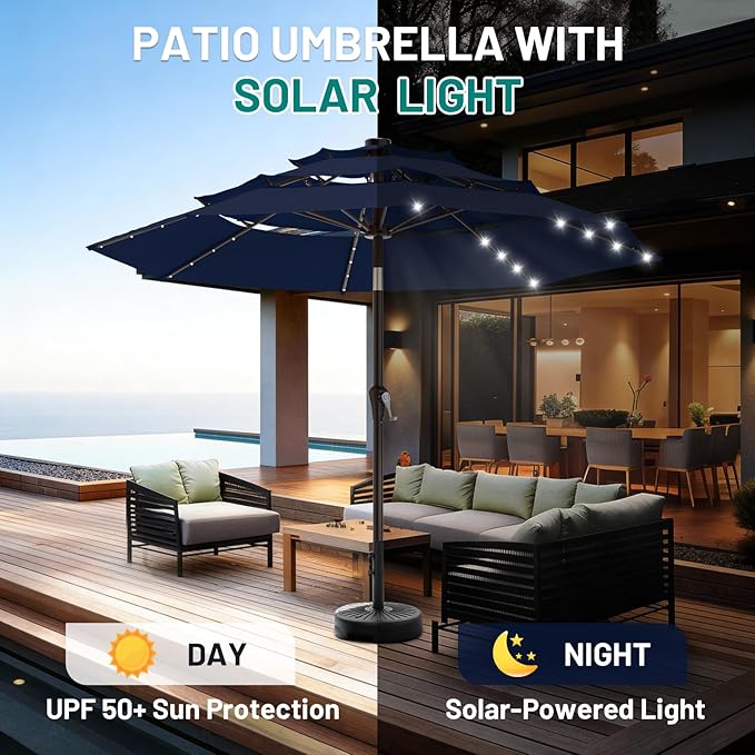 AreShark 9ft 3 Tiers Patio Umbrella with Solar Lights, Outdoor Umbrella w/ 32 LED Lights&8 Sturdy Ribs, Table Umbrella for Deck, Backyard, Pool (Navy)