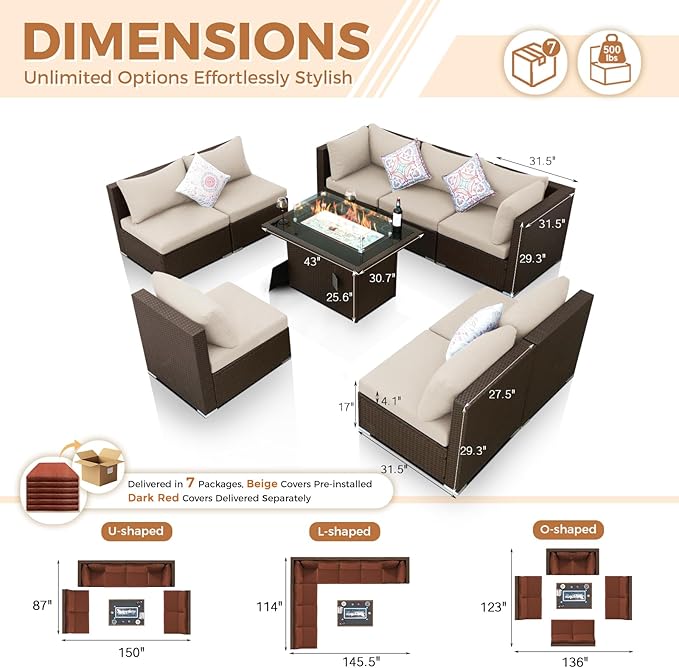 BULEXYARD 9 Piece High Back Outdoor Sectional Couch Set with Fire Pit, Luxury Weather-Resistant Patio Furniture Set, Comfy Extra Large 8-Person Backyard Seating Group L-Shape for Exterior, Brown & Red
