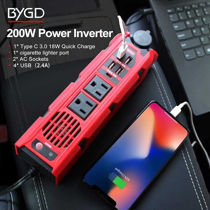 BYGD 200W Car Power Inverter DC 12V to 110V AC Car Plug Adapter Outlet Converter with 1 Type-C Port 2 AC Outlets 4 USB Quick Charging Ports Cigarette Lighter Socket.