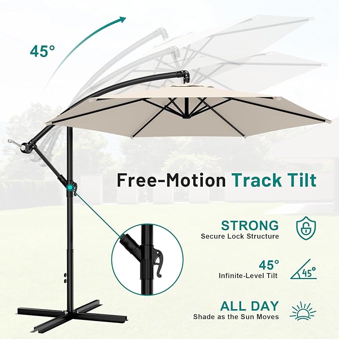 AreShark 10FT Patio Outdoor Umbrella, Offset Patio Umbrella Cantilever Umbrella, 6 Sturdy Ribs, Easy Adjustment for Garden Market Pool with Cross Base (Cream White)