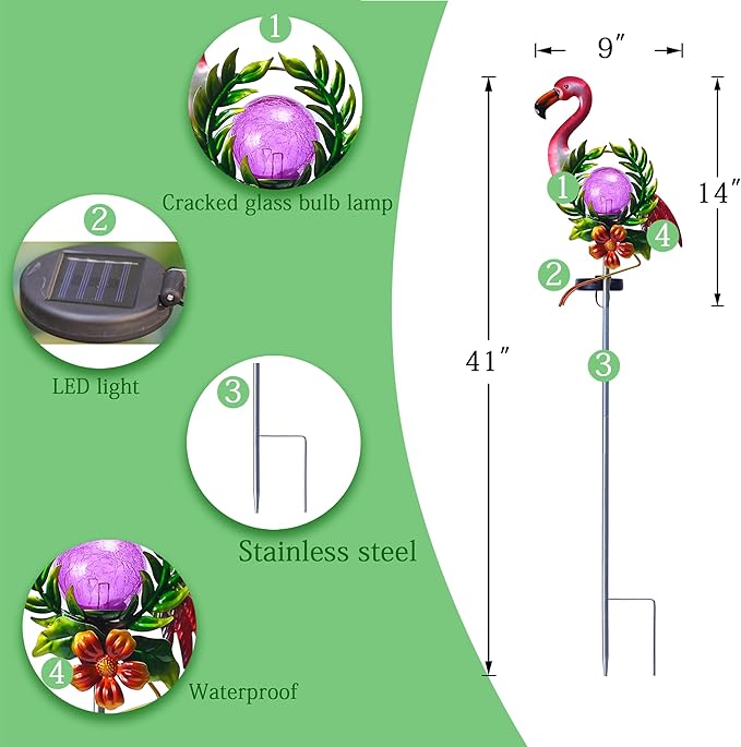 Solar Globe Lights for Garden Decoration,40.9 Inch Flamingo Front Porch Decor with Cracked Glass Puck Light for Outside Patio Pathway Yard Decoration