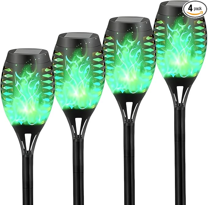 Solar Torch Light with Flickering Flame,4Pack Solar Lights Outdoor,Waterproof Solar Powered Yard Garden Lights,Solar Flame Light,Torches Lighting for Outside Patio Lawn Path Decorations (Green)