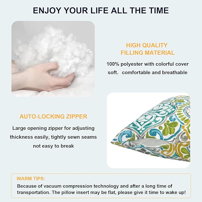 DYTXIII Pack of 2 Waterproof Outdoor Lumbar Pillow with Inserts, 12x20 in Rectangle Decorative Patio Throw Pillow for Home, Sofa,Bench and Patio Furniture, Damask Green