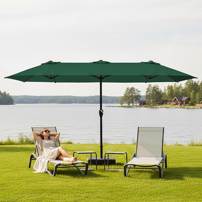 15FT Large Patio Umbrella with Base, Double Sided Rectangular Outdoor Umbrella with Sturdy Fiberglass Ribs, UPF 50+ Sun Protection, Wind-Resistant, Waterproof Fade-Resistant Fabric for Pool, Garden, Backyard, Deck(Dark Green)