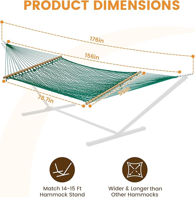 Lazy Daze Hammocks 13-FT Polyester Rope Hammock, Double 2 Person Traditional Hand Woven Outdoor Hammock with Spreader Bar, Carabiners, Tree Straps, Chains for Outside Patio- Max 450 Lbs, Green